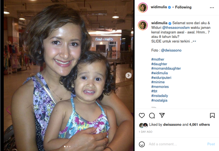 Widi Mulia memajang foto lawas bersama sang putri, arti nama Widuri, putrinya dan Dwi Sasono ternyata memiliki makna yang menawan.