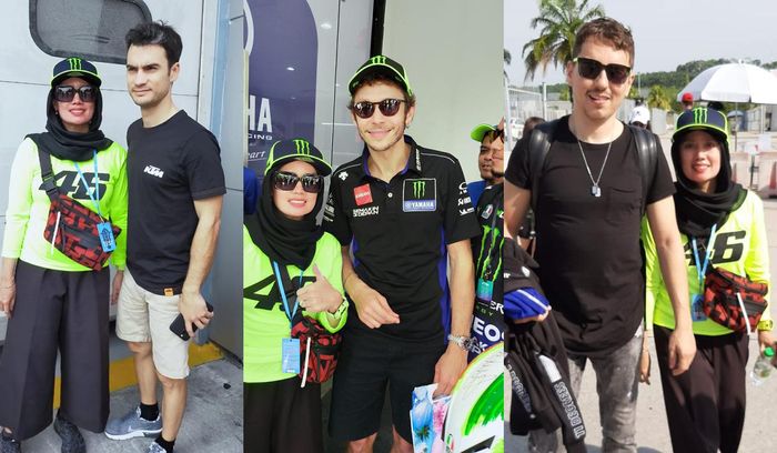 Koleksi foto Lia Setiawati bersama pembalap-pembalap MotoGP. Dari kiri: Dani Pedrosa, Valentino Rossi, dan Jorge Lorenzo.