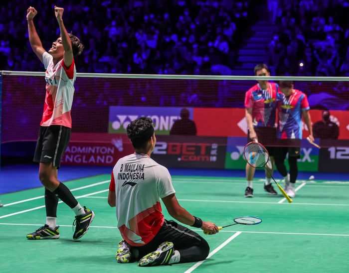 Ekspresi Muhammad Shohibul Fikri/Bagas Maulana usai mengalahkan Mohammad Ahsan/Hendra Setiawan pada final All England Open 2022, Minggu (20/3/2022)