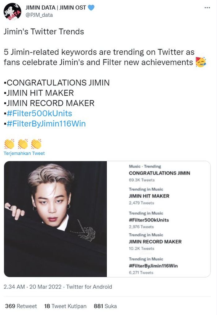 ARMY ramai-ramai mengucapkan selamat untuk Jimin BTS atas pencapaiannya melalui lagu Filter.