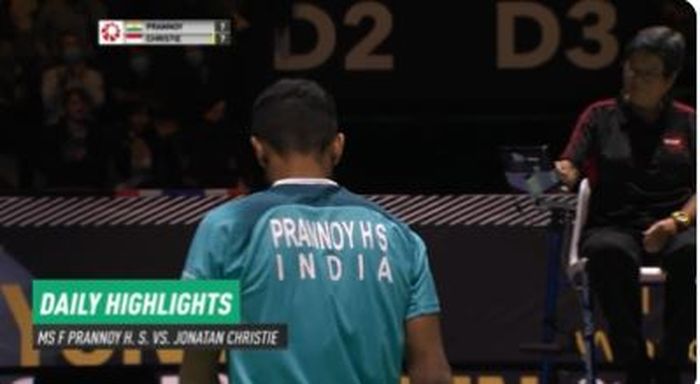 Tunggal putra India, Prannoy H.S memberi respons lewat twitter soal aksi Jonatan Christie menampilkan aksi pertahanan sensasional saat berlaga di final Swiss Open 2022, Minggu (27/3/2022).