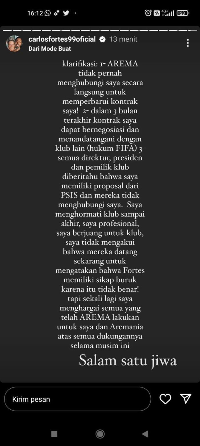 Pernyataan Carlos Fortes terkait respons Arema FC yang tak terima kepindahannya ke PSIS Semarang (1/4/2022).