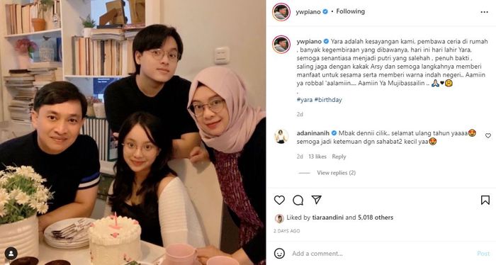 Unggahan Yovie Widianto di hari ulang tahun putrinya, Nadhira Tyara Widianto.
