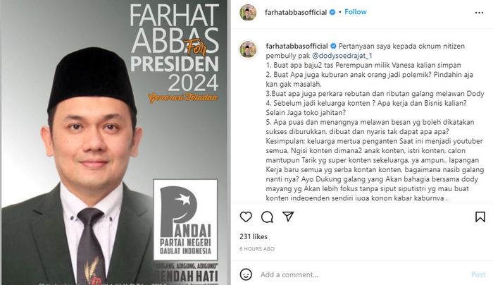 Foto Farhat Abbas promosi jadi calon presiden 2024 sambil bela Doddy Sudrajat