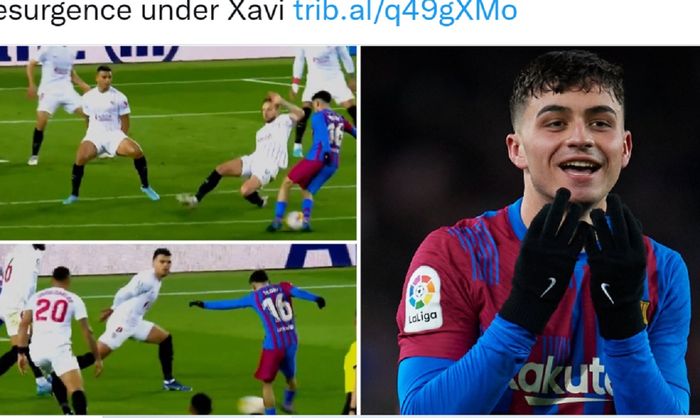 Proses gol gelandang Barcelona, Pedri, ke gawang Sevilla dalam laga pekan ke-30 Liga Spanyol 2021-2022 di Camp Nou pada Minggu (3/4/2022) atau Senin dini hari WIB. 