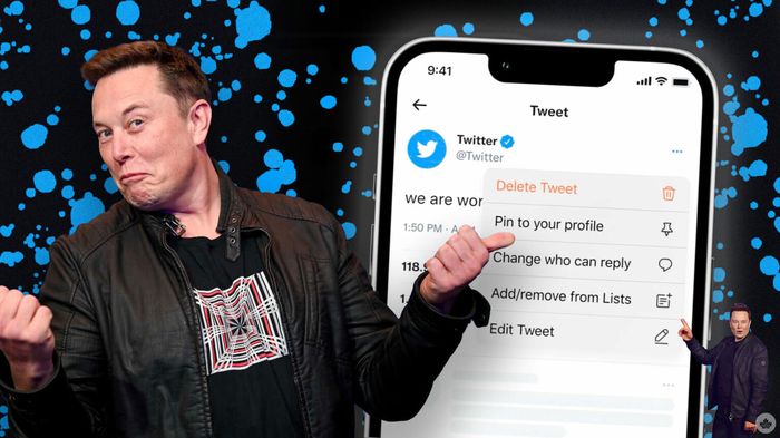 Ilustrasi Elon Musk dan tombol edit tweet di Twitter