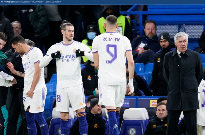 Momen Gareth Bale masuk menggantikan Karim Benzema pada laga Real Madrid kontra Chelsea di leg pertama perempat final Liga Champions 2021-2022.