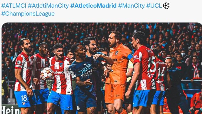 Pemain Atletico Madrid dan Manchester City bentrok menjelang akhir pertandingan leg kedua perempat final Liga Champions 2021-2022.