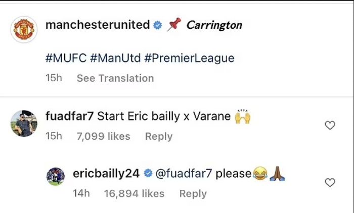 Eric Bailly membalas komentar dari fans di Instagram Manchester United.