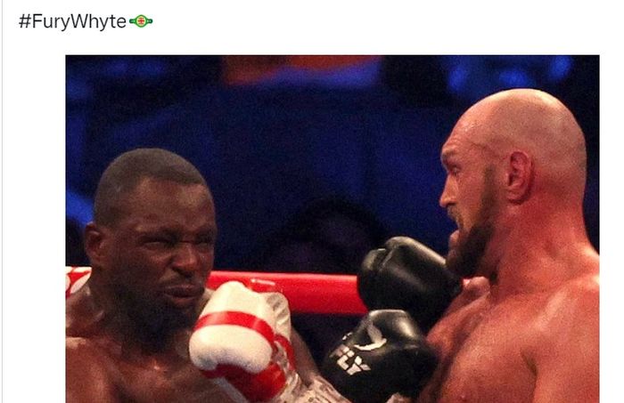 Uppercut Tyson Fury yang meng-KO Dillian Whyte di ronde 6 dalam laga perebutan sabuk juara kelas berat WBC, Minggu (24/4/2022) WIB di London.