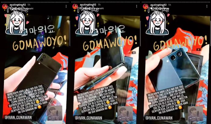 Ayu Ting Ting dapat handphone baru dari Ivan Gunawan.Tangkapan layar Instagram Story @ayutingting92
Postingan tersebut rupanya dibalas oleh Ivan Gunawan lewat unggahan Instagram Story miliknya @ivan_gunawan.