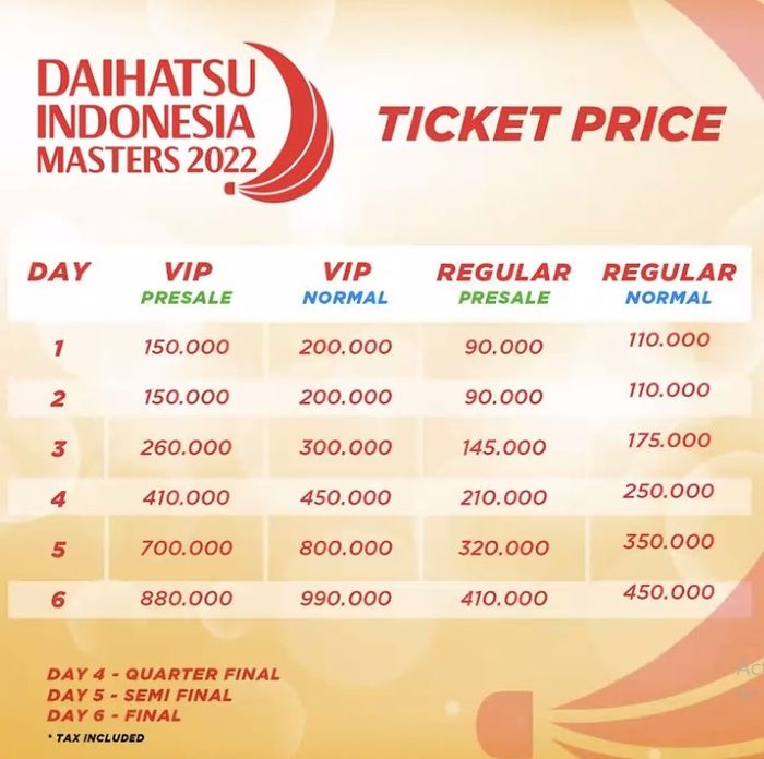 Daftar harga tiket Indonesia Masters 2022.