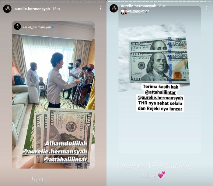 Azriel Hermansyah dan Suwarsih dapat THR Lebaran dari Atta Halilintar dan Aurel Hermansyah berupa uang dollar.