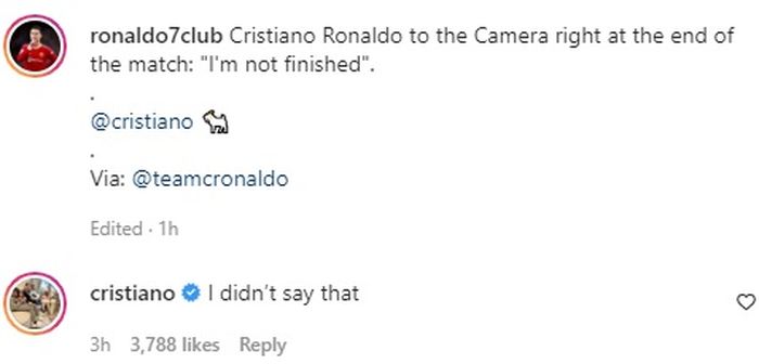 Cristiano Ronaldo memberi tanggapan di Instagram soal ucapannya usai laga melawan Brentford