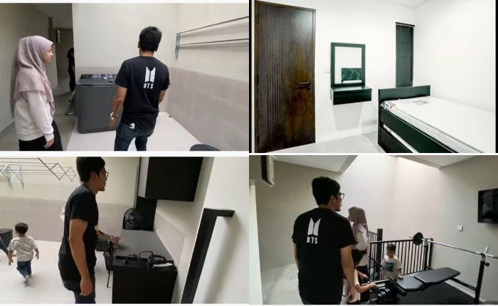 Tempat cuci baju, setrika, kamar ART, dan tempat olahraga di rumah Desta.