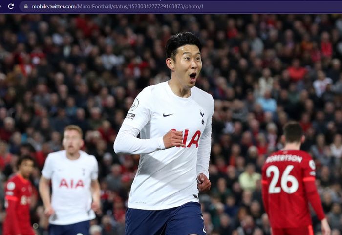 Winger Tottenham Hotspur, Song Heung-min, merayakan gol ke gawang Liverpool  dalam laga pekan ke-36 Liga Inggris 2021-2022 di Stadion Anfield pada Sabtu (7/5/2022) waktu setempat atau Minggu pukul 01.45 WIB