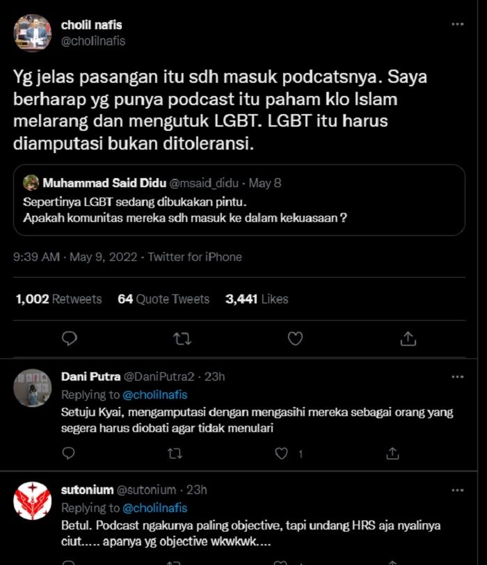 Cuitan Cholil Nafis terkait pasangan LGBT di podcast.
