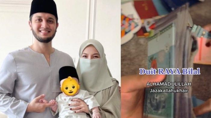 Artis Neefola yang menunjukkan uang THR Lebaran sang anak.