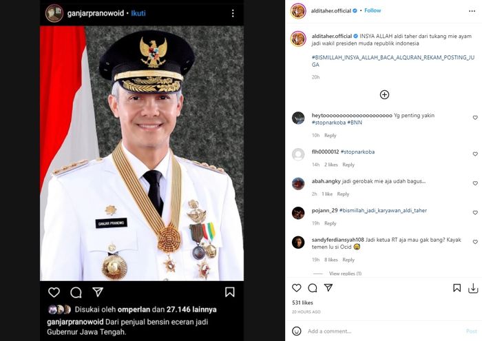 Status postingan Aldi Taher