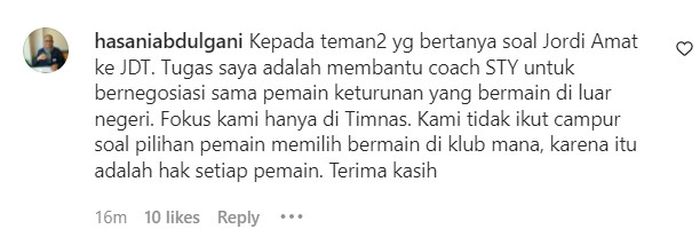 Tangkapan layar pernyataan Exco PSSI, Hasani Abdulgani terkait rumor kepindangan Jordi Amat ke tim Liga Malaysia Johor Darul Ta'zim.
