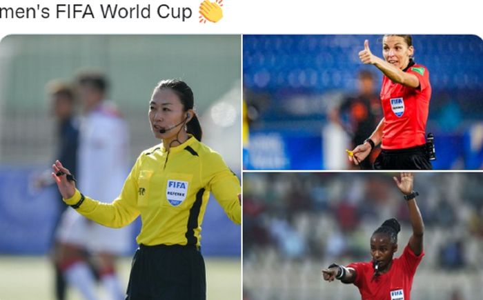 Tiga wasit perempuan yang akan memimpin laga Piala Dunia 2022: Yoshimi Yamashita dari Jepang (kiri), Stephanie Frappart dari Prancis (kanan atas), dan Salima Mukansanga dari Rwanda