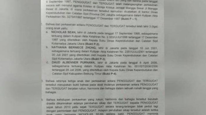 Surat gugatan cerai Ahok yang viral pada tahun 2018 silam. (Tribunnews.com)