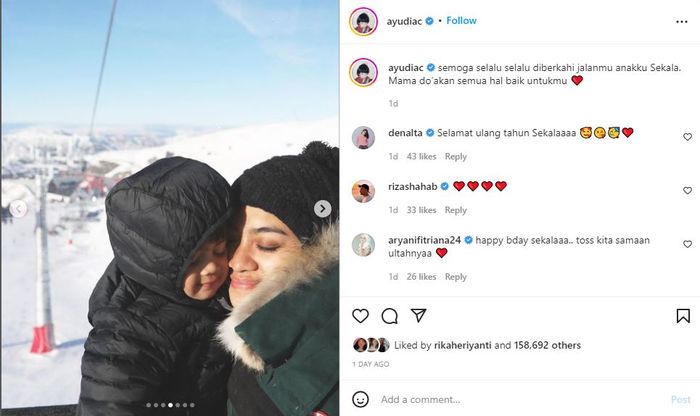 Unggahan Ayudia Bing Slamet di hari ulang tahun anak pertamanya, Dia Sekala Bumi.
