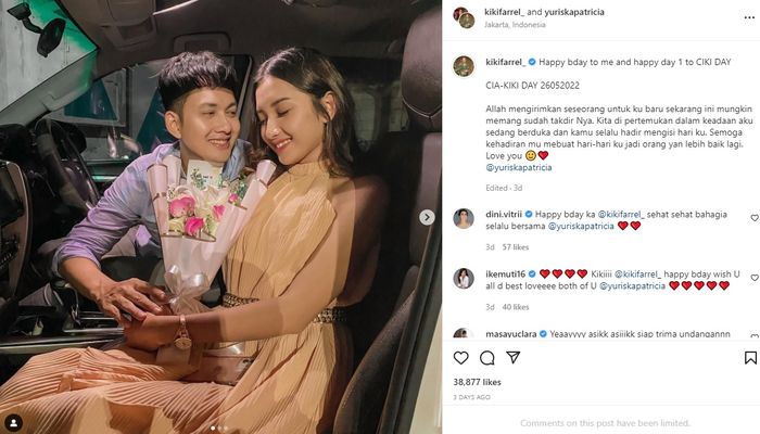 Ungkapan perasaan Kiki Farrel pada Yuriska Patricia saat hari ulang tahunnya.