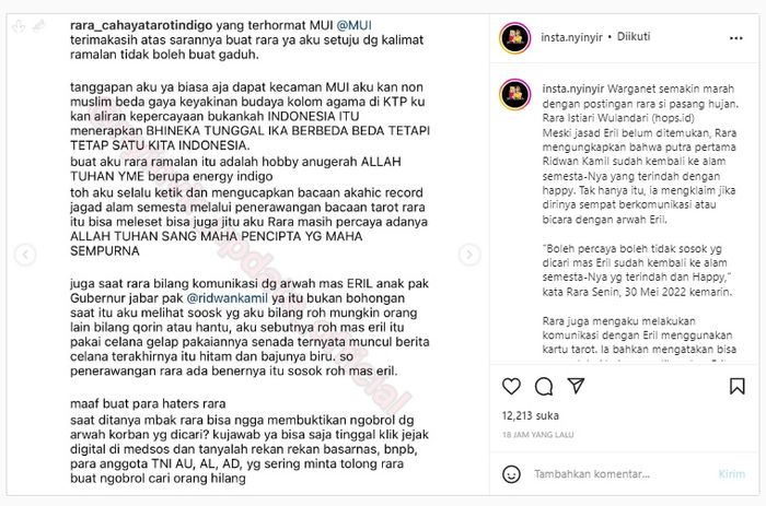 Unggahan Instagram berisi ramalan Mbak Rara tentang anak Ridwan Kamil.