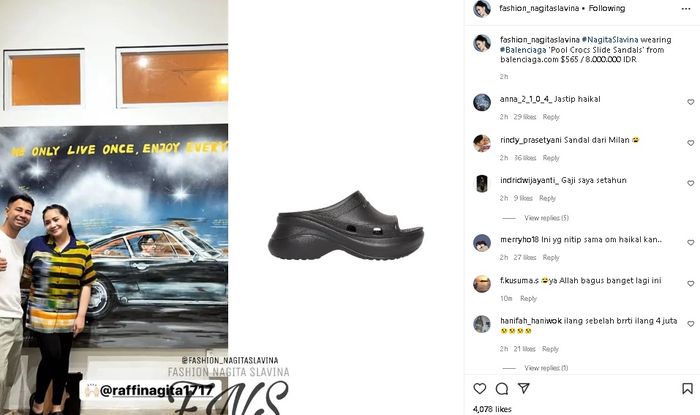 Unggahan akun Instagram @fashion_nagitaslavina tentang harga sandal karet Nagita Slavina.