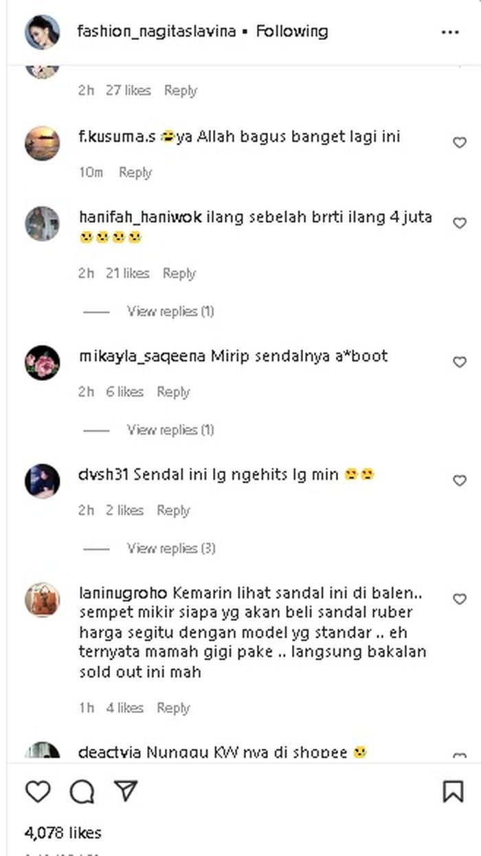Komentar netizen tentang harga sandal Nagita Slavina.
