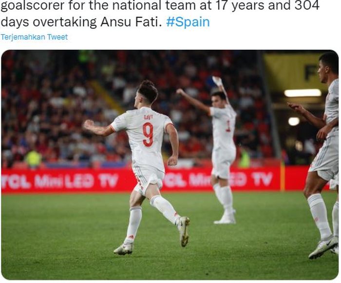 Selebrasi gelandang muda timnas Spanyol, Gavi, saat mencetak gol ke gawang timnas Republik Ceko