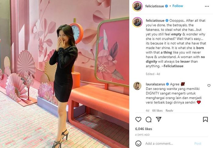 Postingan Felicia Tissue soal harga diri wanita
 