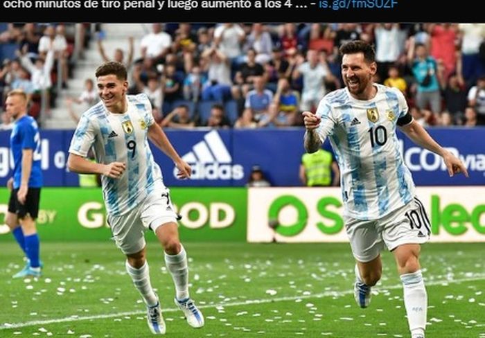 Lionel Messi memborong lima gol saat timnas Argentina membabat timnas Estonia 5-0 dalam laga persahabatan, Minggu (5/6/2022) atau Senin dini hari WIB.