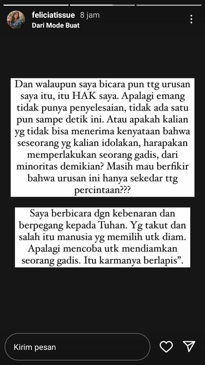 Felicia Tissue beri balasan nyelekit untuk netizen nyinyir