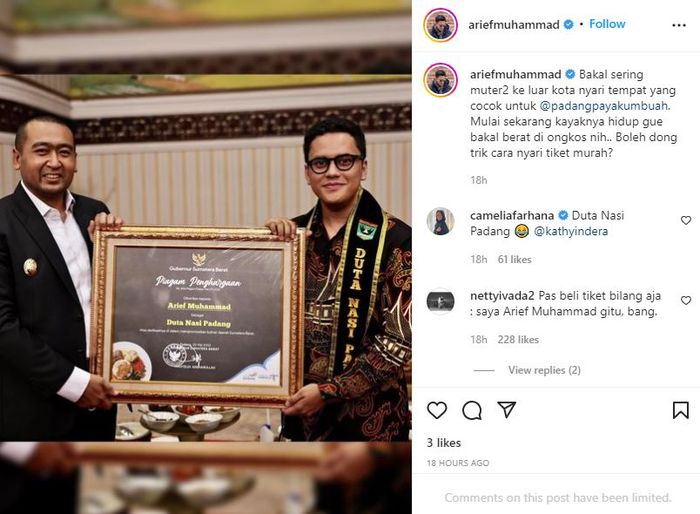 Arief Muhammad jadi Duta Nasi PadangInstagram @ariefmuhammad
