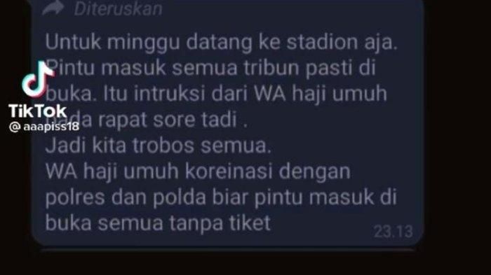 Tangkapan layar informasi bohong yang menyatakan pintu stadion Gelora Bandung Lautan Api (GBLA) semuanya terbuka dan gratis. 