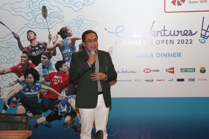 Ketua Umum PP PBSI, Agung Firman Sampurna, dalam sambutannya pada acara gala dinner jelang Indonesia Open 2022 di Sky Garden Menara BCA, Jakarta Pusat, Minggu (12/6/2022) malam.
