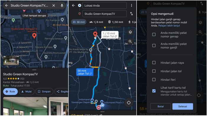 Langkah-langkah cara cek tarif tol di aplikasi Google Maps.