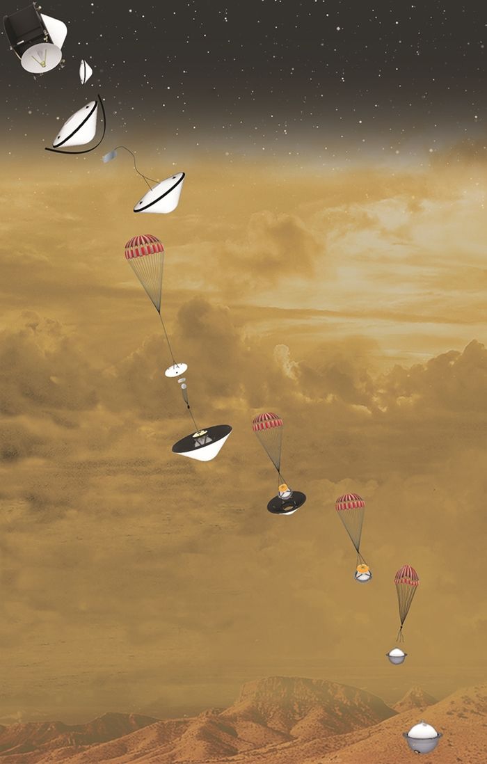 Konsep tahapan penyelidikan DAVINCI di permukaan Venus.