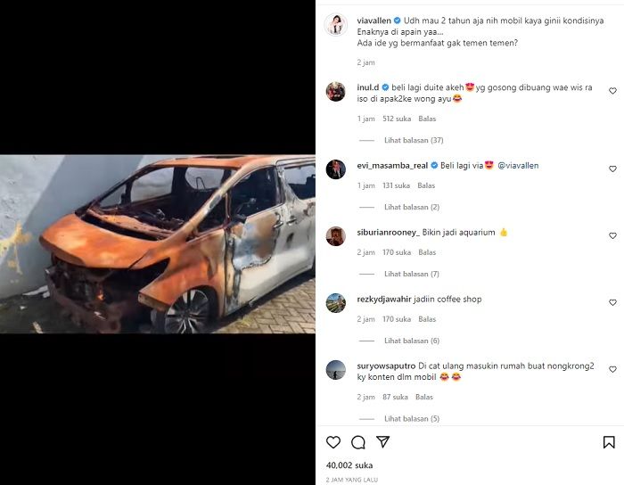 Unggahan Via Vallen mengenai mobilnya yang terbakar