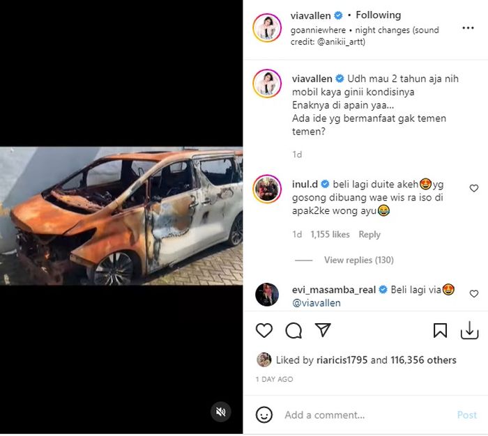Via Vallen pilu teringat mobil mewahnya yang dibakar orang tak dikenal 2 tahun lalu.