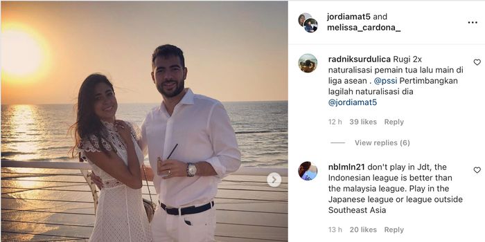 Beragam komentar netizen di Instagram resmi calon pemain naturalisasi Jordi Amat seusai dikabarkan bergabung dengan Johor Darul Takzim (JDT).
