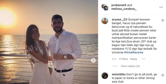 Beragam komentar netizen di Instagram resmi calon pemain naturalisasi Jordi Amat seusai dikabarkan bergabung dengan Johor Darul Takzim (JDT).