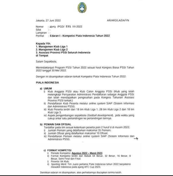 PSSI resmi merilis surat edaran mengenai Kompetisi Piala Indonesia 2022 pada 27 Juni 2022