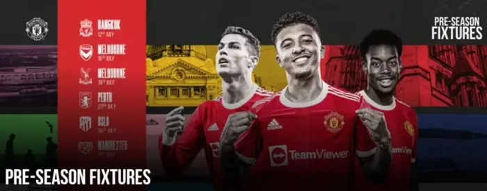 Manchester United memasang foto Cristiano Ronaldo, Jadon Sancho dan Anthony Elanga untuk mempromosikan tur pramusim mereka di Thailand, Australia, dan Norwegia.