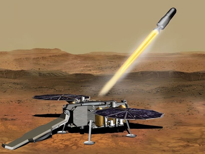 Illustration of a rocket launching a sample of Mars from the planet's surface for a journey to Earth.