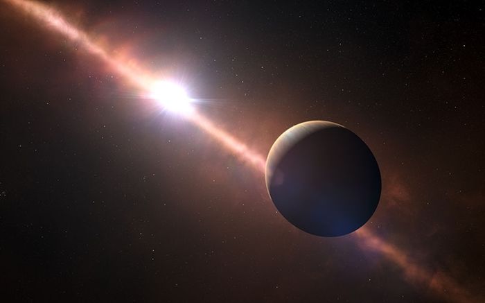 Gambar menunjukkan sebuah planet yang mengorbit bintang muda Beta Pictoris.  Planet ekstrasurya ini adalah yang pertama mengukur kecepatan rotasinya.  Kecepatan rotasi khatulistiwa delapan jam sehari adalah 100.000 kilometer per jam – jauh lebih cepat daripada planet lain di Tata Surya.