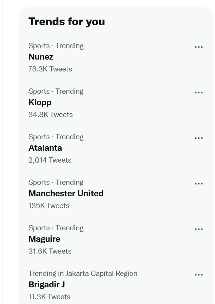Nama Darwin Nunez memuncaki daftar trending topic.