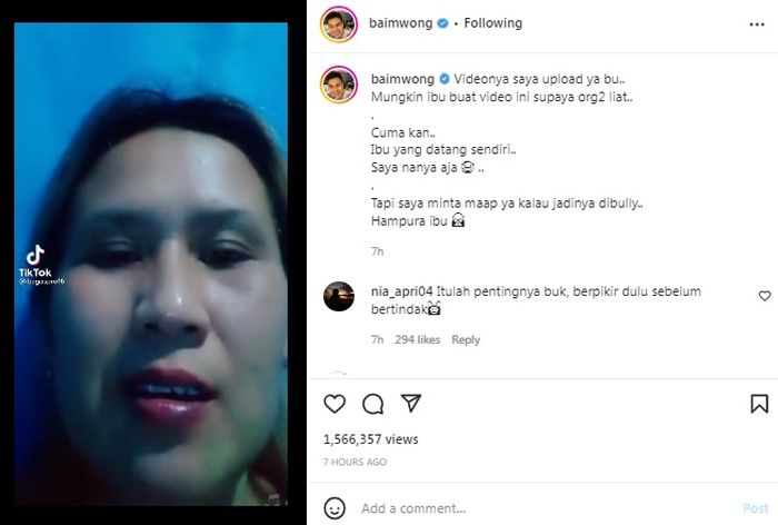 Baim mengunggah video wanita yang memintanya membantu melunasi utang.